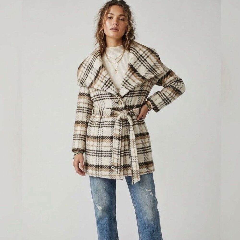 Coldwater Creek Womens Plaid Wool Blend Coat Jacket Sz 8 Shawl Winter Fall Retro